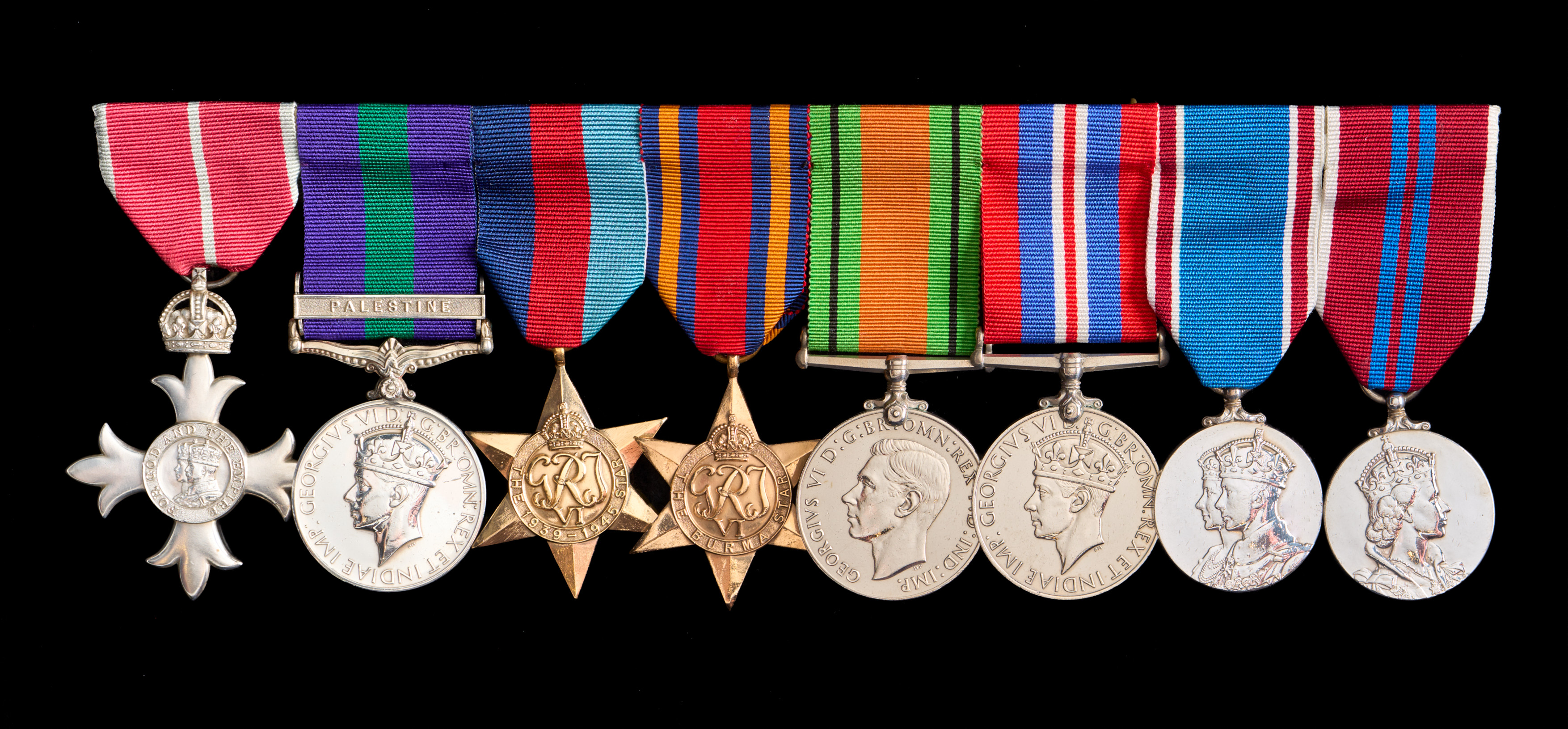 Herbert O’Brien : (L to R) MBE; General Service Medal with ‘Palestine’ clasp; 1939-45 Star; Burma Star; Defence Medal; War Medal 1939-45; Coronation Medal 1937; Coronation Medal 1953 